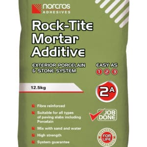 Norcros Rock-Tite Mortar Additive is a fibre reinforced cement mortar additive which has been specifically designed, so that when mixed with sharp sand, it will provide a high strength mortar for bonding concrete, natural stone and porcelain paving slabs to both hardcore and solid bases. The mortar requires the addition of sand and water and contains the specially designed Rock-Tite additives to improve performance, workability and freeze/thaw resistance of the finished mortar mix.
